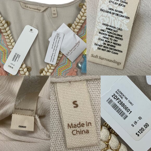 Soft Surroundings Clementine Tunic Top S Natural Embroidered Tassels Coastal - Picture 6 of 12